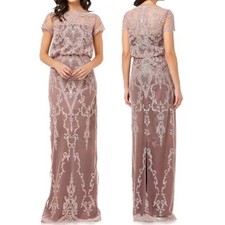 JS Collection Embroidered Lace Overlay Gown Scalloped Cap Sleeve Blush Tan 4