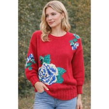 Vintage 80s Red Floral Rose Knit Sweater Cottagecore Granny Core Oversized L