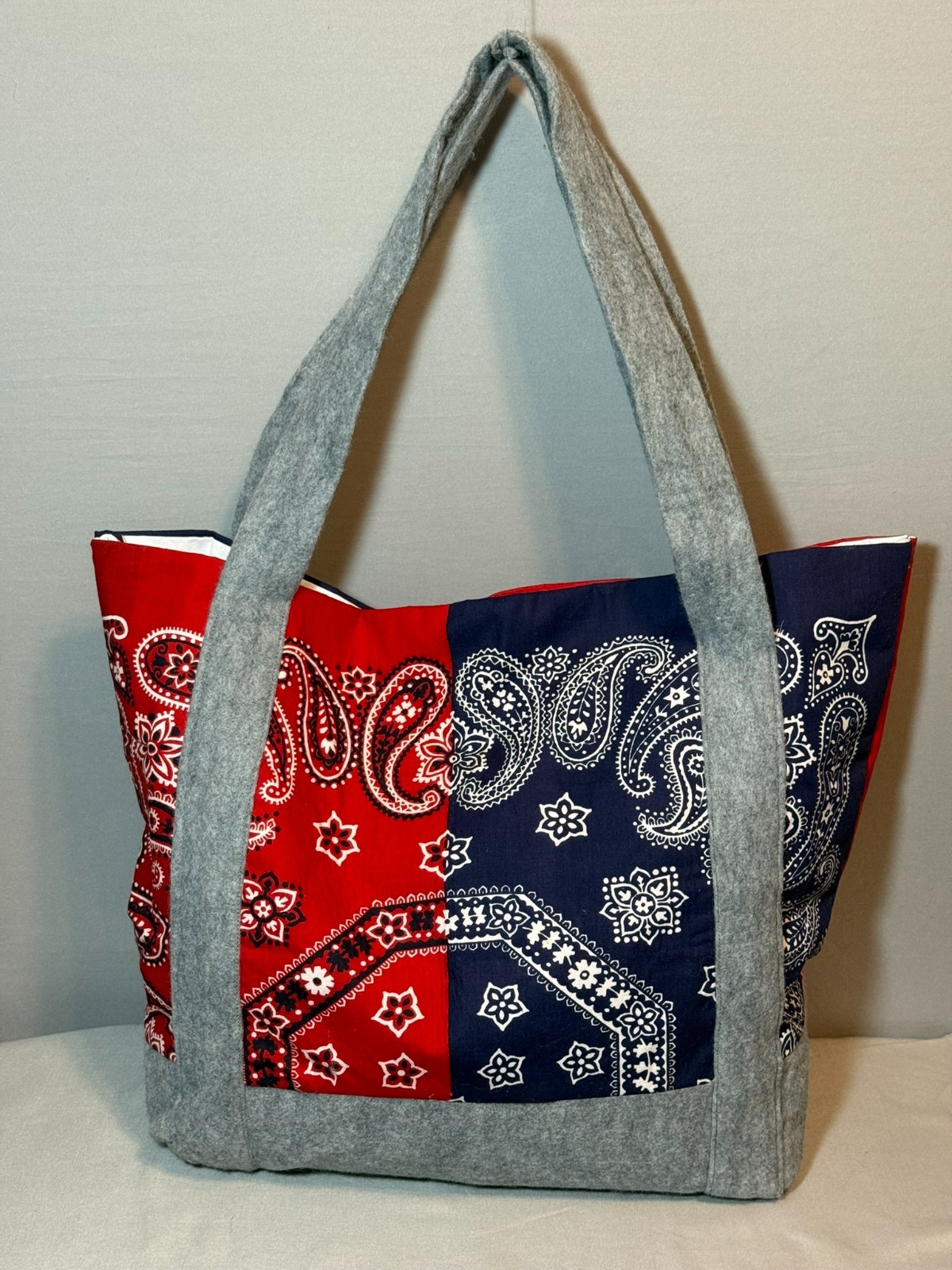 Red and Blue Bandana Tote Bag, Handmade, lined, 13x15
