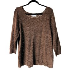 Debbie Morgan Argyle Crochet Pullover Sweater 3/4 Sleeve Brown Women's Size XL