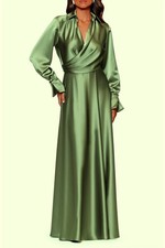 Xscape Olive Green Satin Collared Long Sleeve Satin Gown Dress Size 10 $288