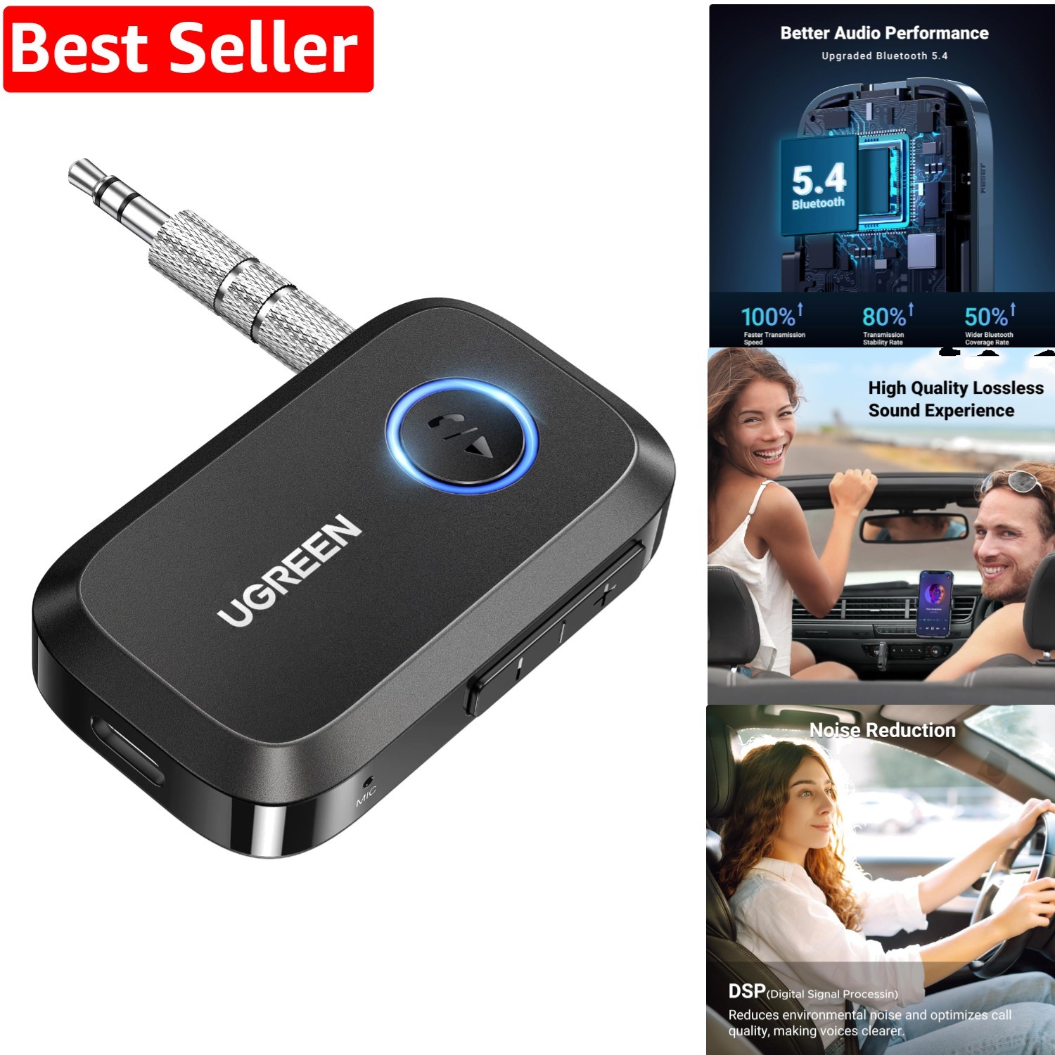 Noise Cancelling Bluetooth AUX Receiver - 15 Hours Playtime & Built-in Mic