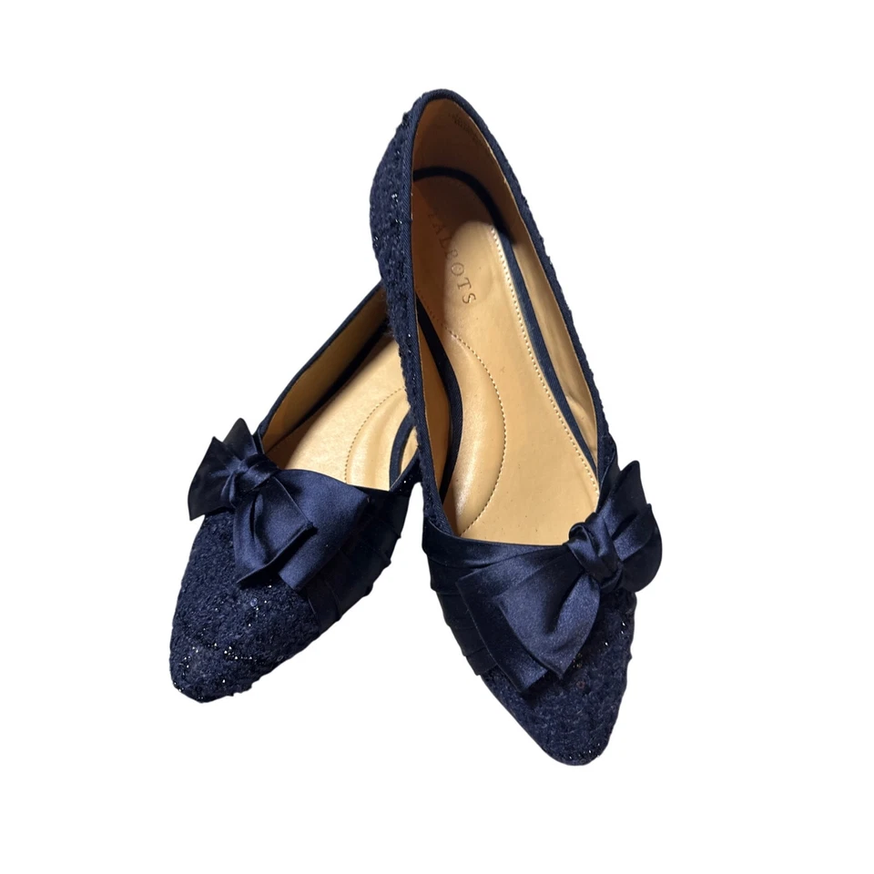 TALBOTS AZUL MARINO EDISON BOUCLÉ LAZO PLANOS - LENTEJUELAS Talla 7M Coqueta, Chica. Foto 3 de 4