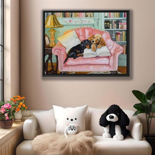 Acogedor Dachshund y Golden Retriever Cachorro Arte De Colección Rincón de Lectura Lienzo Impresión - Imagen 6 de 9