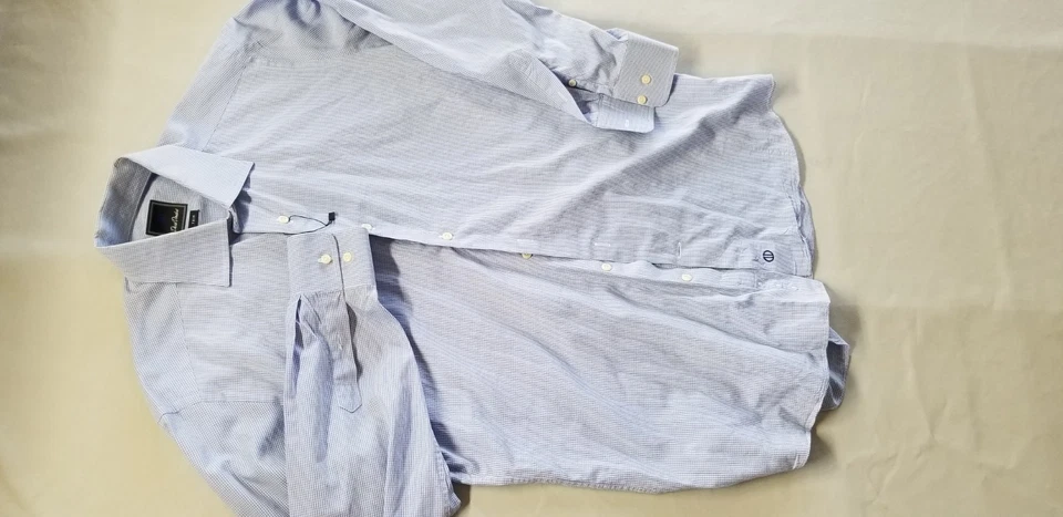 Camisa Polo DAVID DONAHUE Hombres Ajuste Ajustado Manga Larga Botón - 16 x 32/33 Cuadros Azules Foto 2 de 3