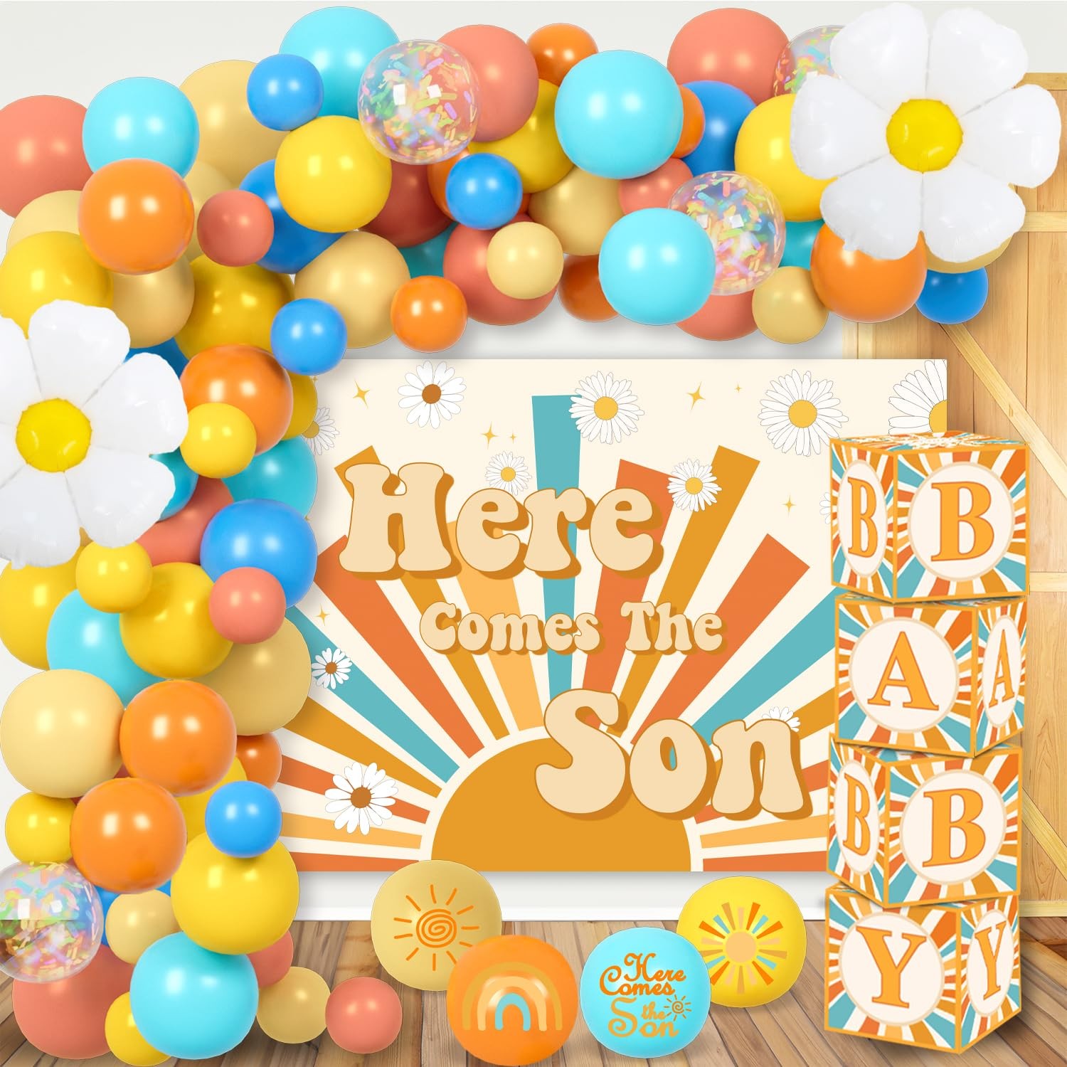 Here Comes The Son Baby Shower Decorations with Balloons Backdrop and Gift Boxes for Boys Girls