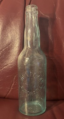 Antique John F. Caas Aurora Illinois 9 1/4 Inch Aqua Bottle Applied Top