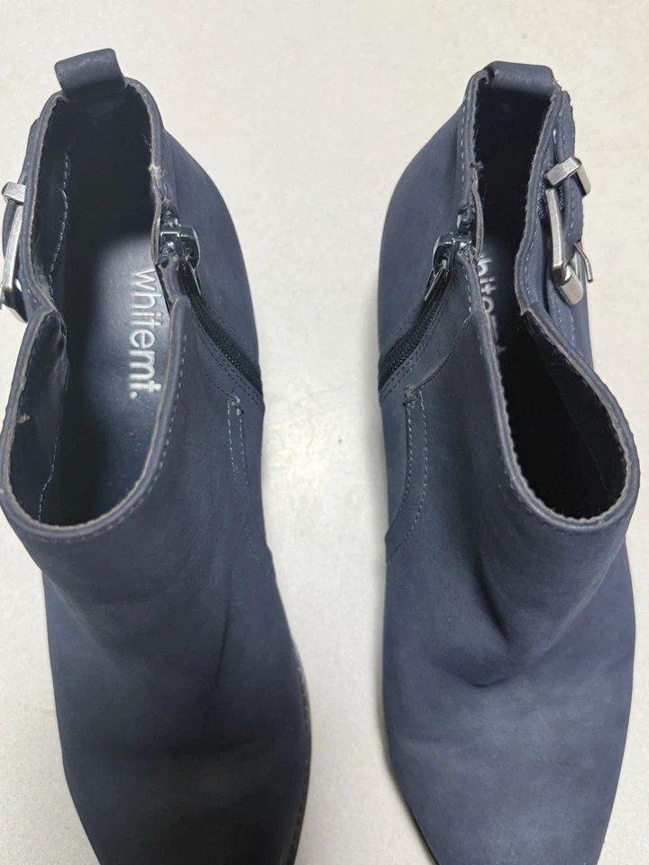 White Mt. Navy Blue Ankle Boots Women’s Sz 8 Buckle Side Zip Block Heel Booties - Image 2 of 4