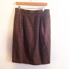 Vintage Joan Leslie Brown Plaid Houndstooth Skirt Wool Blend Lined Midi Size 16