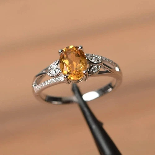 1.30Ct Oval Cut Lab-Created Yellow Citrine Engagement Ring 14K White Gold Plated