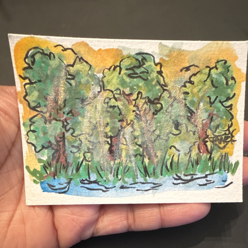 ACEO Original Impressionist Landscape Sunlight & Trees by Pond by Janay Charles
