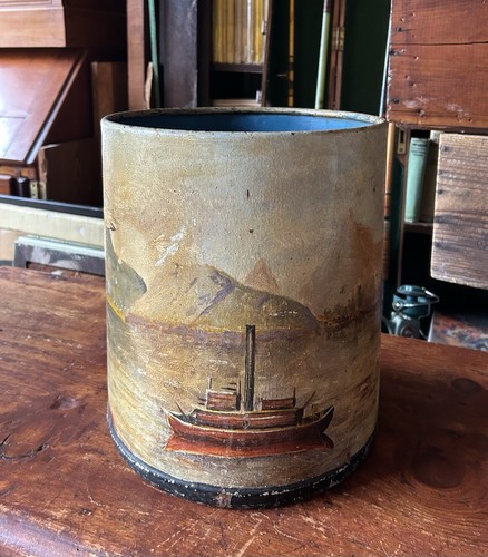 Antique hand painted folk art wastebasket coastal Steamship 19th C. oil painting