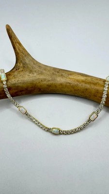 Fire Opal Gemstone & Diamond 18K Yellow Gold Over 4 Prong Tennis 16'' Necklace