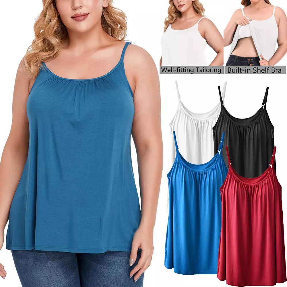 Women with Built in Bra Adjustable Strap Tank Tops Sleeveless Flowy Swing  Cami