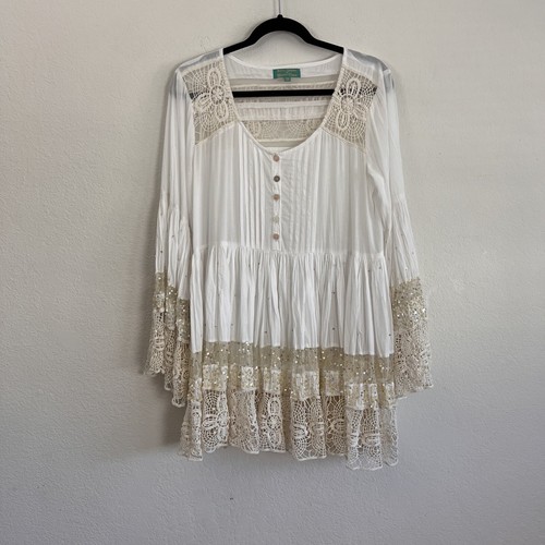 Amlica Santoria by Giacomo Cinque weiß Pailletten Spitze Stufen Tunika Boho Kleid OS
