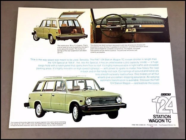 1974 Fiat 124 Station Wagon TC Original 1-page Sales Brochure Card Foto 2 de 2