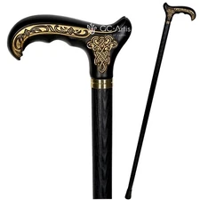 Black Wooden Walking Stick Cane for men woomen wood carved Celtic style Carved