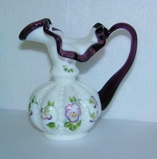 Fenton 5" Beaded Melon Jug Pitcher Ewer Pansies on Milk Glass Plum Purple Crest