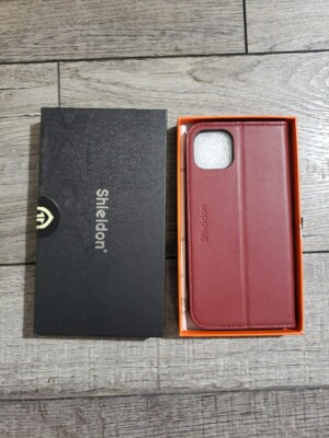 Shieldon Wallet Case For iPhone 14 Plus, Genuine Leather,  Wine Red