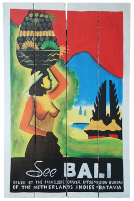 Holzschild Bali Holz Bunt Wandbild Unikat Handarbeit retro 60 cm x 40 cm x 3 cm