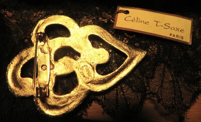 Broche Cœur & Volutes Métal Doré Signée Céline T. Saxe - 7x5 Cm, Rhodié, Neuf