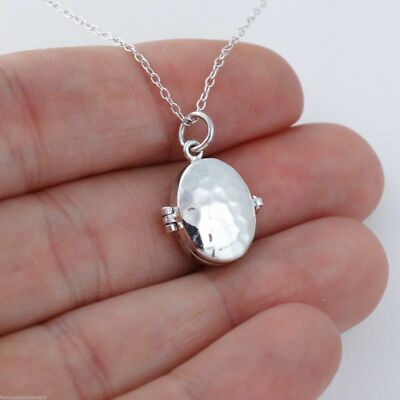 Kleine gehämmerte ovale Medaillon Halskette - 925 Sterling Silber - 2 Foto Schmuck Liebe