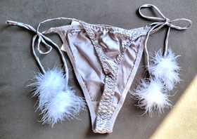 NWT Vintage Silver Tie String Bikini with Fur Tassels Size 7