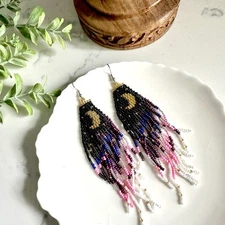 Crescent Moon Night Sky Earrings Stars Beaded Fringe Seed Bead Dangle Bohemian