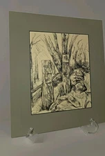 Pen Ink Sketch Forest Fence Marked S Bridge 70 Matted