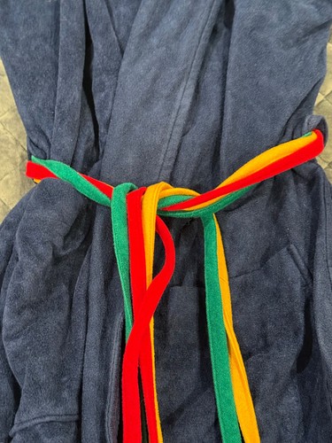 Vtg 70s Mens JC Penney Velour Robe Mod Retro Hooded Rainbow Tri-Color Belt Soft