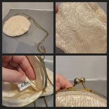 La Regale Purse Vintage Cream Beaded Crossbody Clutch Chain Evening Formal Bag