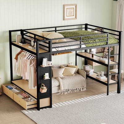 Queen size Loft Bed Frame w/Wardrobe,Metal Loft Bed with Storage Shelves Black
