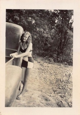 Young Woman Two Piece Swimsuit Truck 1940s Photo Posing Fender Skirt Blonde Legs