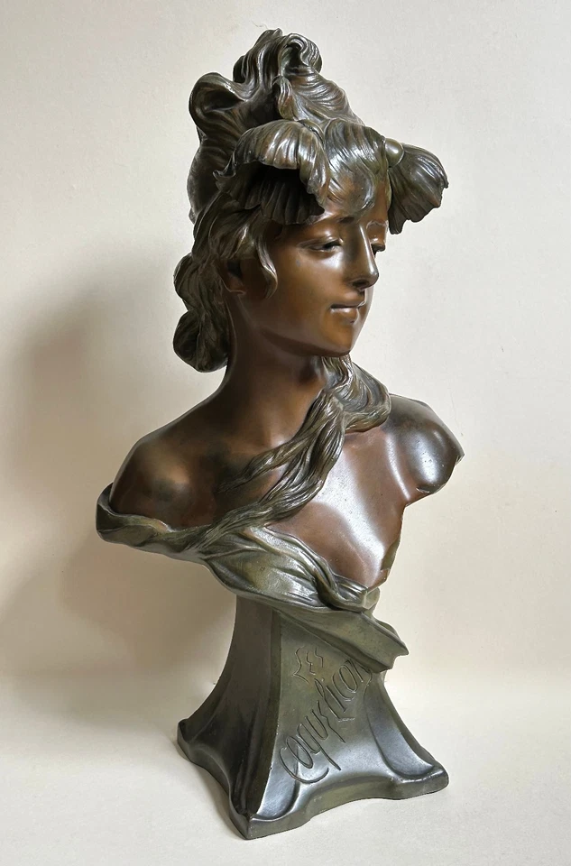 Grosse Büste Frau: Coquelicot 58,5 cm hoch Jugendstil sign. Ant. Nelson um 1900 - Bild 3 von 4