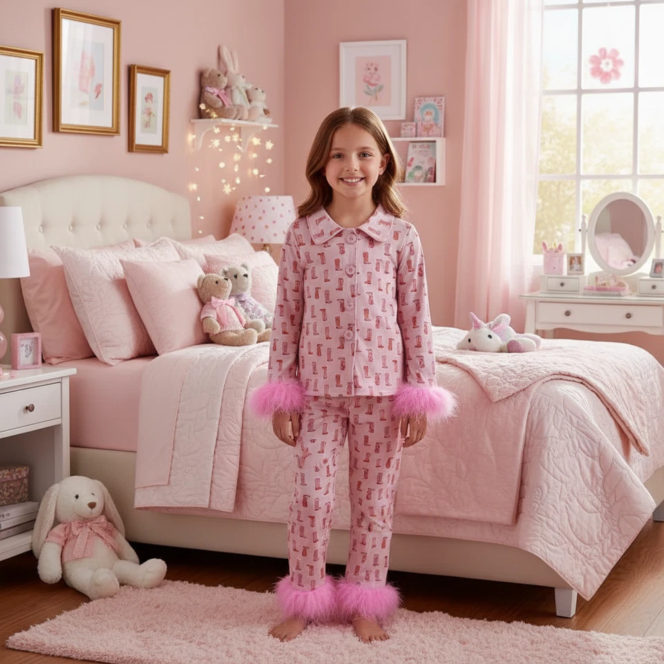 Matching Mom & Daughter Pink Cowgirl Boot Pajamas – Feather Trim Western - Image 2 of 4