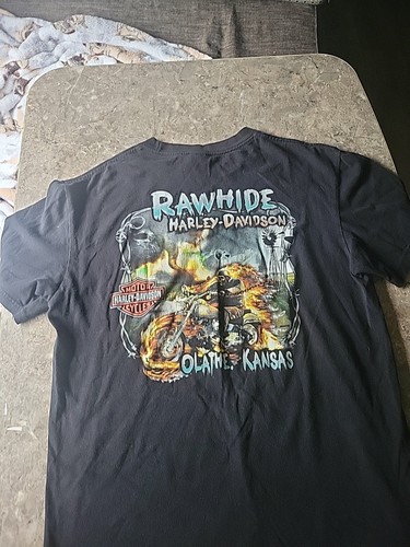 HARLEY DAVIDSON MOTORCYCLE Rawhide Olathe Kansas T-Shirt Large biker fire flame - Picture 5 of 6