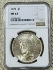 1922 PEACE SILVER DOLLAR $1 NGC MS62 FREE SHIPPING