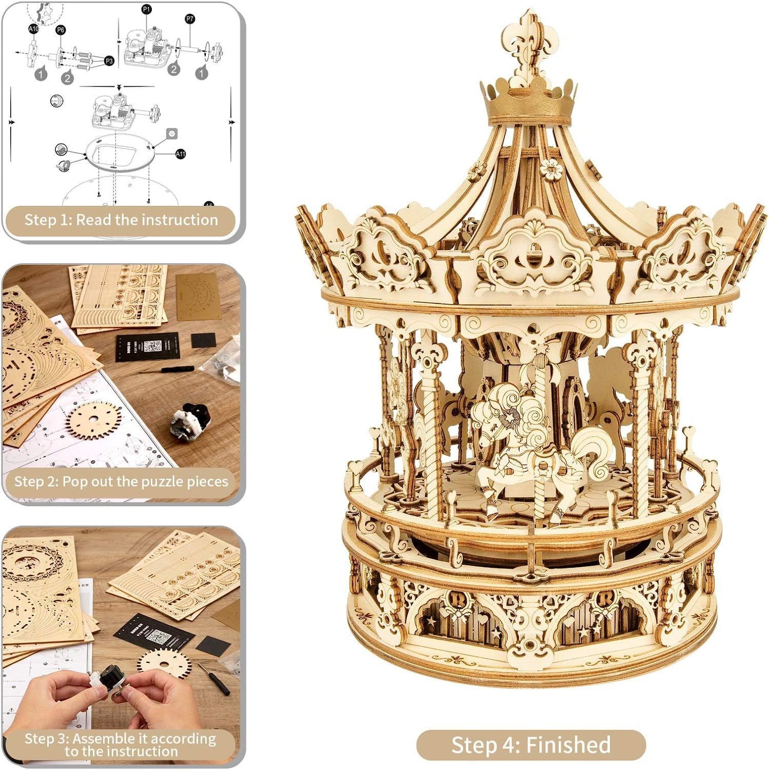 Robotime ROKR 3D Wooden Puzzle | Romantic Carousel DIY Music Box Model Kit | Val