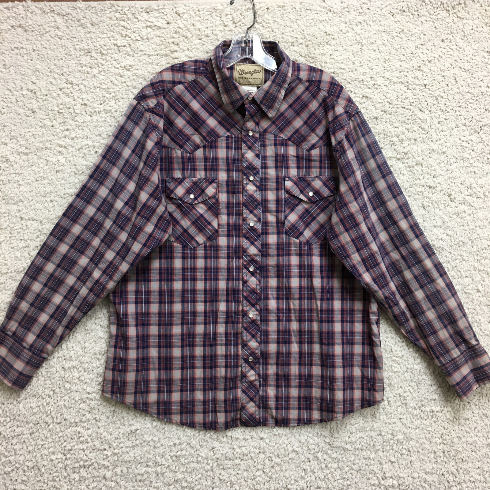Wrangler Button Up Shirt Extra Large Adult Blue Plaid Pearl Snap Western Mens XL