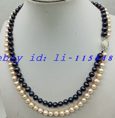 2 Rows Natural 7-8mm Black Pink Freshwater Cultured Pearl Necklace 17-19" Gift - Picture 2 of 6