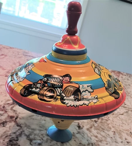 vintage Ohio Arts tin spinning top with racing cars- 9x11 inches
