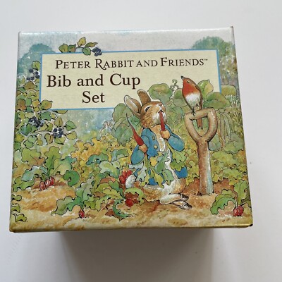VTG Peter Rabbit New in the Box Vinyl Bib Two-Handled Plastic Sippy Cup Set Eden