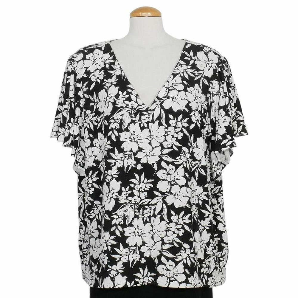 RALPH LAUREN Black White Floral Stretch Jersey Flutter