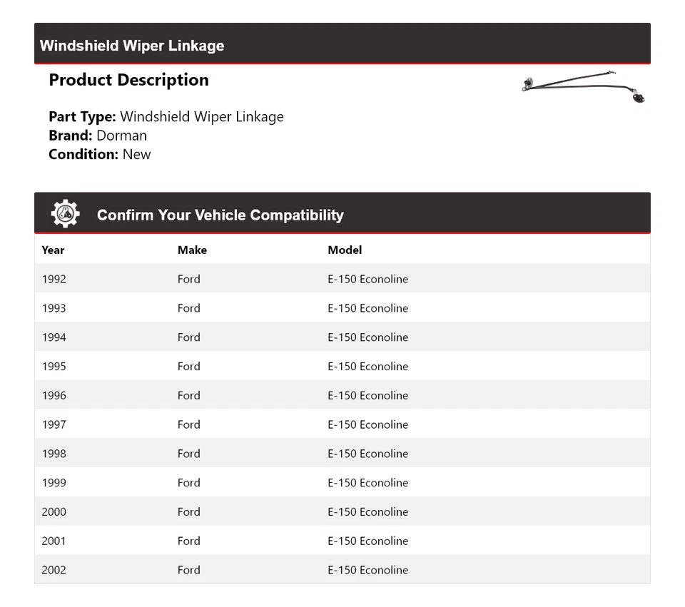 Para Ford E-150 Econoline Dorman 1992-2002 limpiaparabrisas acoplamiento 1993 1994 Foto 2 de 4