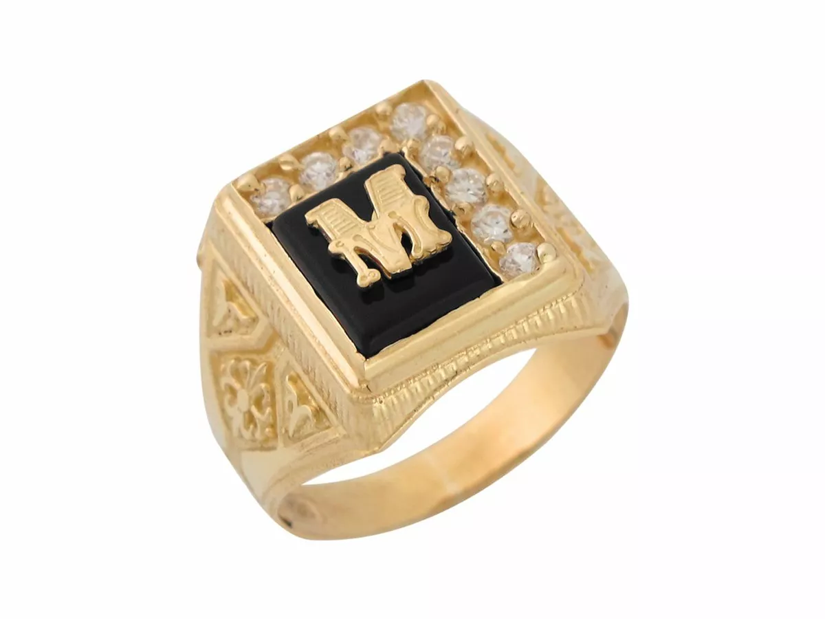 10k or 14k Yellow Gold Black Onyx White CZ Accented Mens Letter M Initiai Ring