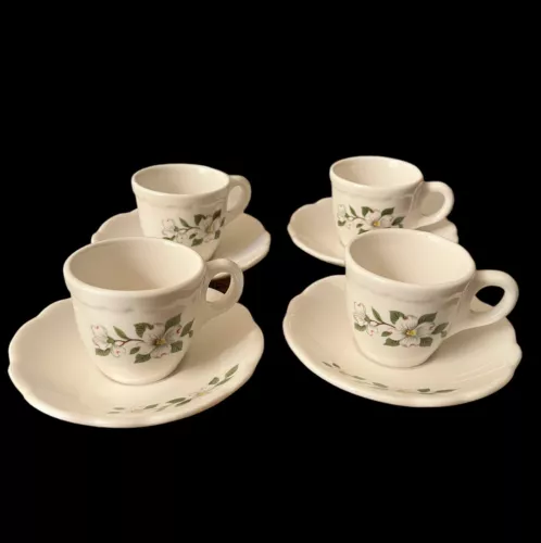 4 Vtg Buffalo China USA Demitasse Espresso Cup Saucer Dogwood Restaurant Ware