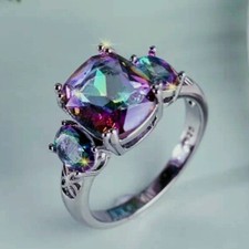 925 Sterling Silver Rainbow Mystical Fire Topaz Wedding Engagement Ring Size 6