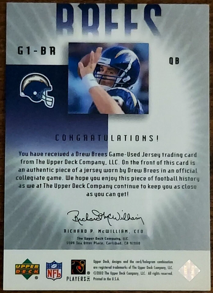 Drew Brees 2002 Upper Deck GRADED GAME USED COLLEGIATE JERSEY CARD 074/200 - Image 2 of 2