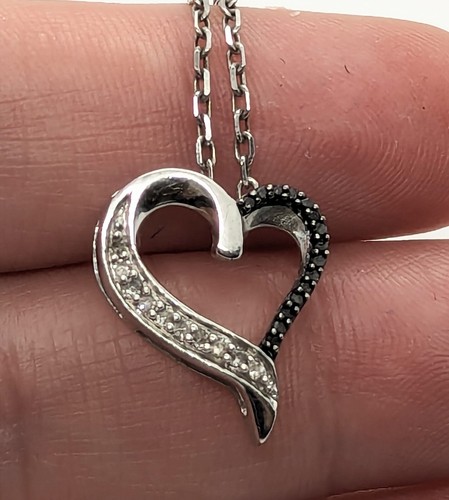 Signed Sterling Silver Black & White Diamond Ribbon Heart Pendant 18" Necklace - Picture 4 of 5