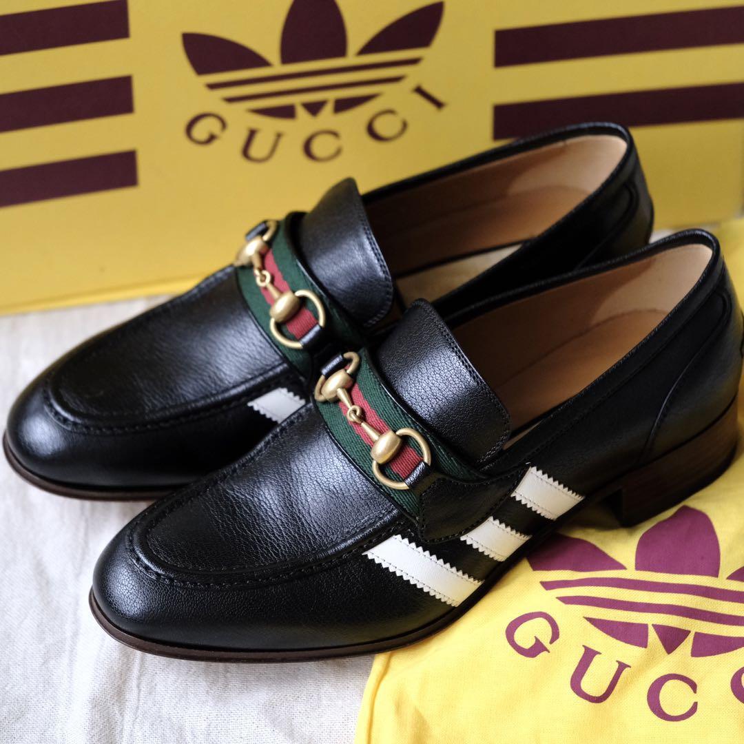 GUCCI × adidas Black Leather Horsebit Sherry Line Loafers GUCCI × adidas Black Leather Horsebit Sherry Line Loafers